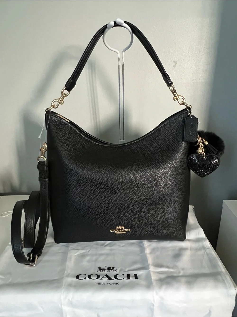 Coach Black Pebbled Leather Satchel with Heart Charm